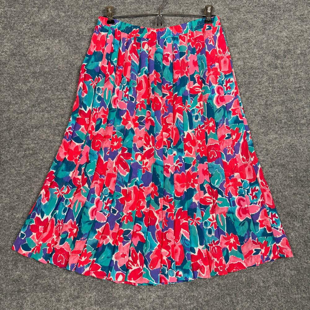 Vintage Leslie Fay Sz 10 Pleated A Line Midi Swing‎ Skirt Red Floral Full Length